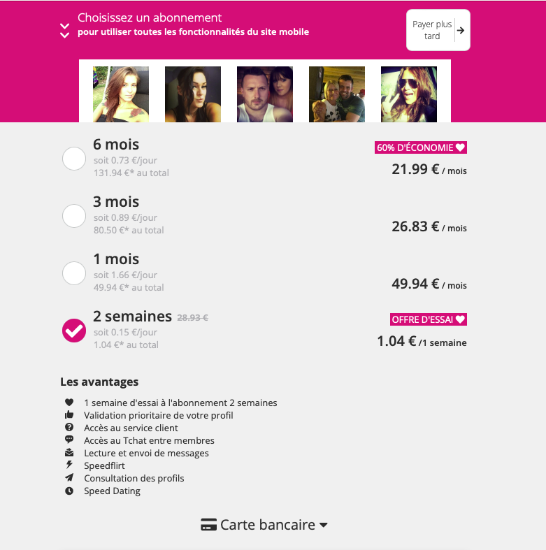 JM Date tarif 2026 avec offre d’essai à 1,04 euro et prix des abonnements